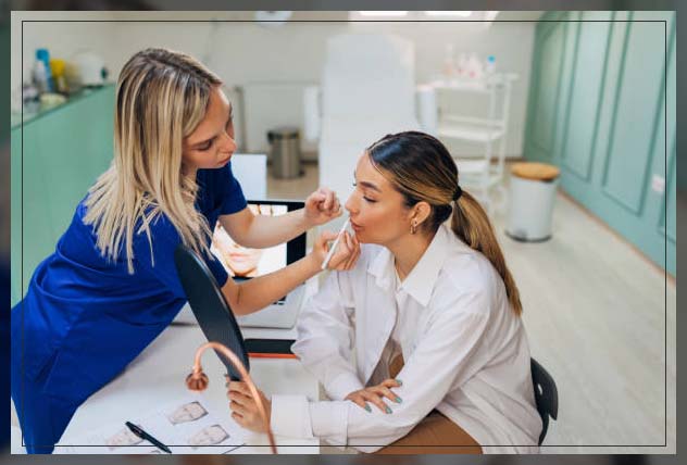 doctor performing procedure of lip fillers